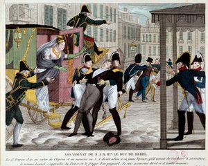 Dødsfallet til Charles Ferdinand de Bourbon, hertugen av Berry (1778-1820) 13/02/1820 ved utgangen til Royal Academy of Music Nevøen til kong Louis XVIII ble myrdet i Operaen av Louvel, en republikaner som ønsket å stenge ned det kongelige dynastiet. Engra av Anonymous Anonymous