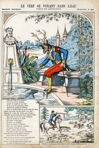 Hjorten ser seg selv i vannet. Anonym illustrasjon for Les Fables av Jean de LA FONTAINE (Lafontaine) (1621-1695). Avbildning av Pont-a-Mousson, ca 1880. Privat samling. av Anonymous Anonymous