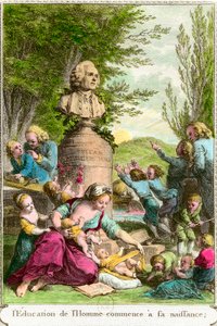 Utdannelsen til mennesket begynner ved hans fødsel: mødre med barna sine, sammen med en byste til hyllest til den sveitsiske filosofen Jean Jacques Rousseau (1712-1778). Gravering av privatsamlingen fra 1700-tallet av Anonymous Anonymous