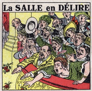 Effektene av musikk: tilskuere av et teater uttrykker sin glede med rop, applaus og blomstrende blomster. Anonym illustrasjon fra 1925. Privat samling. av Anonymous Anonymous
