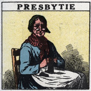 Øyet: person som lider av presbyopi. Anonym illustrasjon fra 1925. Privat samling. av Anonymous Anonymous