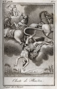 Fallet til Phaeton Phaeton (Phaethon), som ikke var i stand til å kontrollere Helios-tanken, ble truffet av Zeus og falt i Eridan-elven. Gravering fra 1819 i «Lettres a Emilie sur la mythologie» av Charles Albert Demoustier (1760-1801). Privat samling. av Anonymous Anonymous