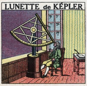 De første optiske instrumentene: astronomisk ramme av Johannes Kepler (Keppler) (1571-1630) oppfunnet rundt 1615. Anonym illustrasjon fra 1925. Privat samling. av Anonymous Anonymous