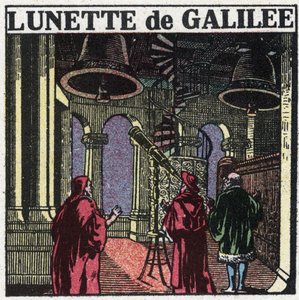 De første optiske instrumentene: astronomisk ramme av Galileo Galilei kalt Galilea (1564-1642) oppfunnet i 1610. Anonym illustrasjon fra 1925. Privat samling. av Anonymous Anonymous