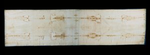 Det hellige likkledet i Torino (eller likkledet eller sacra sindone), linlaken som viser spor (antagelig Kristus) av tortur av en kropp. Royal Chapel of Cathedrale Saint John the Baptist i Torino, Italia. - The Holy Shroud of Turin (sacra sindone), gammel 