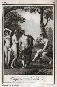 Paris-dommen Hyrden Paris må velge hvem han vil gi gulleplet for å designe den vakreste av de tre gudinnene, Athena, Afrodite eller Hera. Gravering fra 1819 i "Lettres a Emilie sur la mythologie" av Charles Albert Demoustier av Anonymous Anonymous