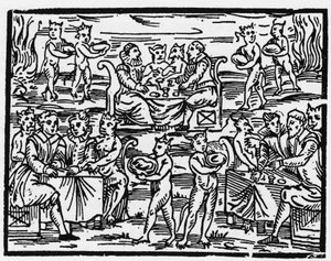 Heksenes måltid på sabbaten - "Compendium Maleficarum", omhandler heksene, deres ondskap og deres sortileges av Francesco Maria Guazzo eller Guaccio eller Guaccius (15?? -16??) 1608 Private Collection av Anonymous Anonymous