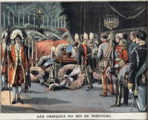 Obsequene til kongen av Portugal Charles I (1863-1908) døde myrdet 1. februar 1908. Gravering fra avisen "" Le Peute Parisien"", 23.02.1908. Privat samling. av Anonymous Anonymous