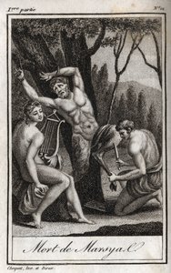 Straffen eller døden til Marsyas (The Punishment of Marsyas) blir straffet for å ha trosset Apollo til lyren og sperres av bueskytteren i nærvær av kong Midas og musene. Gravering fra 1819 i «Lettres a Emilie sur la mythologie» av Charles av Anonymous Anonymous