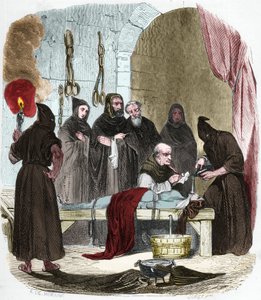 The question of water: Pedro (Pierre) de Arbues (1441/1442 - 1485) interrogates under torture a young woman who allegedly induced her sister to turn to Lutheranism. Tie by strings, water is poured into a cloth that is pushed into the bottom of the throat.  av Anonymous Anonymous