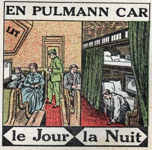 Jernbanene: inne i Pullman-vognen. Anonym illustrasjon fra 1925. Privat samling. av Anonymous Anonymous