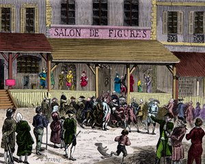 Salongen med voksfiken boulevard du temple i Paris på 1700-tallet grunnlagt av Curtius, gravering, privat samling av Anonymous Anonymous