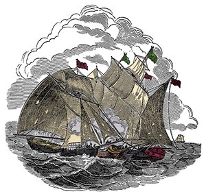 Skipet til piraten Henry Every (John Avery, Long Ben, Benjamin Bridgeman) (? -1695) angrep i september 1695 flåten til den store Mughal Aurangzeb Aurangzeb (Alamgir) utenfor Surate, India Gravering fra "The Pirates Own Book" av Charles Ellms av Anonymous Anonymous