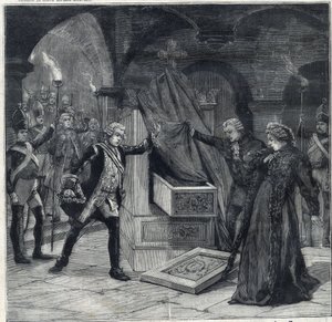 Scenen til kjellere i stykket "" Catherine of Russia"" på teatret til Cathelet Paul Ginisty (1855-1932) og Charles Samson (1894-1895). Gravering i "" Le Petro Parisien"" av Anonymous Anonymous