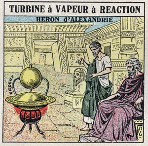 The steam machine: a reaction steam turbine. Eolipyle invented by the Greek Heron of Alexandria (or Heron The Elder) in the 1st century AD. Anonymous illustration from 1925. Private collection. av Anonymous Anonymous