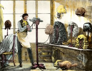 Parykken styler en parykk av en catogan, herrefrisør. Gravering fra speilshow, brev, medisiner osv. Kunsten”” 1821-1823 Privat samling av Anonymous Anonymous