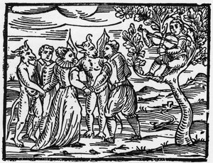 Heksene på sabbaten som danser til lyden av fiolinen - "Compendium Maleficarum", tar for seg heksene, deres ondskap og deres sortileges av Francesco Maria Guazzo eller Guaccio eller Guaccius (15?? -16??) 1608 Private Collection av Anonymous Anonymous