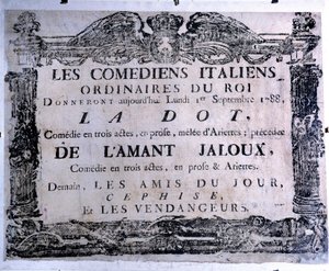 Teaterplakat som presenterer stykket "The dot" og "The jealous lover"" fremført av italienske komikere, 01.09.1788. Paris. Carnavalet museum av Anonymous Anonymous