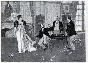 Teaterrepresentasjon: "" The Systeme Ribadier"", vaudeville av Georges Feydeau (1862-1921) og Maurice Hennequin (1863-1926) ved Theatre du Palais-Royal i Paris. Gravering i “Le monde illustree”” fra 1892. Privat samling. av Anonymous Anonymous