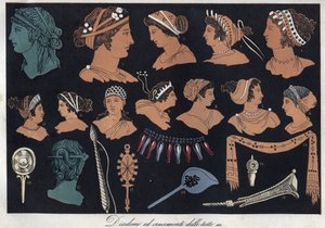 Tiaraer og ornamenter av hoder i antikkens Hellas - gravering fra "" skikker og tradisjoner til alle folkeslag i universet. Det vil si historien om regjeringen, lovene, militsen, om religionen til alle nasjoner fra de fjerneste tider til i dag "1856 av Anonymous Anonymous