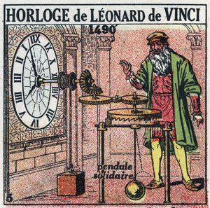 Tid: vektklokke oppfunnet av Leonard de Vinci (Leonardo da Vinci) (1452-1519) i 1490. Den erstatter brosjyren med en vertikal balanse. Anonym illustrasjon fra 1925. Privat samling. av Anonymous Anonymous