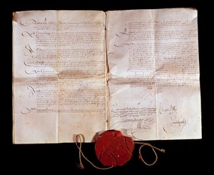 Traktaten om Cateau Cambresis (Cateau-Cambresis) mellom Henrik II (1519-1589) og Filip II av Spania 3/04/1559. Frankrike returnerer sine italienske territorier til Spania. Denne handelen avsluttet de italienske krigene. Paris, Nasjonalarkivet av Anonymous Anonymous