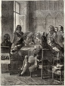 Treaty of Ryswick (The Treaty of Ryswick, 30th October 1697) (end of the War of the Augsburg League between Louis XIV and the Great Alliance). Engraving of the 19th century. Private collection. av Anonymous Anonymous