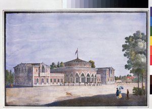 En jernbanestasjon og en fransk restaurant i Catharinhof (Jernbanestasjon og fransk restaurant i Catharinhof). Anonym litografi, fargelagt i akvarell, 22 x 33 cm av Anonymous Anonymous