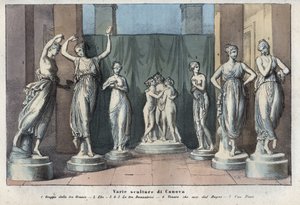 Ulike skulpturer av Canova - De tre nådene - Hebe - De tre nådene som danser - Venus Italica - Muse - gravering fra "" skikker og tradisjoner til alle folkeslag i universet. Det er historien til regjeringen, lovene, militsen, religionen til alle av Anonymous Anonymous