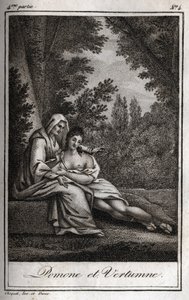 Vertumne og Pomone (Jupiter og Ceres): Vertumne, forelsket i nymfen Pomone, forkler seg som en gammel kvinne for å nærme seg henne. Gravering fra 1819 i «Lettres a Emilie sur la mythologie» av Charles Albert Demoustier (1760-1801). Privat samling. av Anonymous Anonymous