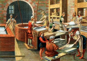 Utsikt over et papirproduksjonsverksted i Fabriano på 1500-tallet, Italia. De forskjellige trinnene. Illustrasjon. Privat samling - Et papirverksted i Fabriano (Italia) av Anonymous Anonymous