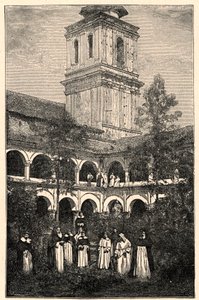 Utsikt over det dominikanske klosteret i Quito, Ecuador. Gravering i "The Catholic Missions in the XIXth Century" av Louis-Eugene (Louis Eugene) Louvet. privat samling. av Anonymous Anonymous
