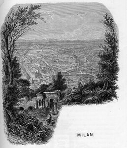 Utsikt over byen Milano (Milano), Italia. Gravering av 1859 i "" les galeries de l