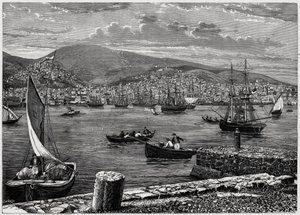 Utsikt over øya Syra i Hellas. Gravering i "The Catholic Missions in the XIXth Century" av Louis-Eugene (Louis Eugene) Louvet. privat samling. av Anonymous Anonymous