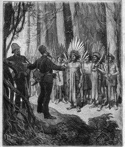 Voyage of Henri Coudreau (1859-1899), professor i geografi og oppdagelsesreisende i det indiske territoriet Guyana - han mottok fra Roucouyan-kokker - gravering i "Journal des voyages" fra 1889. av Anonymous Anonymous