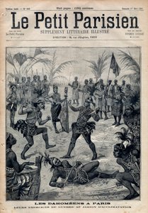Krigsøvelser: Amazoner, krigere og feticheurs dahomeens (nå Benin) fra akklimatiseringshagen i Paris (Human Zoo). Gravering i “” Le petit Parisien”” fra 1891. Privat samling. av Anonymous Anonymous