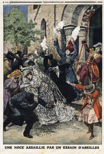 Wedding ble angrepet av en sverm av bier. Gravering i "" Le Petite Journal"", 28.07.1912. Privat samling. av Anonymous Anonymous