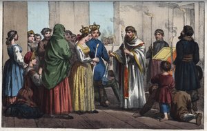 Bryllup i Russland på 1700-tallet - gravering fra "" Skikker og skikker til alle folkeslag i universet. Det vil si historien om regjeringen, lovene, militsen, om religionen til alle nasjoner fra de fjerneste tider til i dag "1856 av Anonymous Anonymous