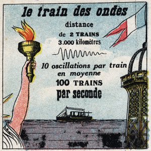 Wireless telegraphy: the train of the waves. Between Paris and New York, there are never more than two waves. Anonymous illustration from 1925. Private collection. av Anonymous Anonymous
