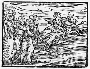 Heks som rir på en geit - "" Compendium Maleficarum"", avtaler om hekser, deres ondskap og deres sorteringer av Francesco Maria Guazzo eller Guaccio eller Guaccius (15?? -16??) 1608 privatsamling av Anonymous Anonymous