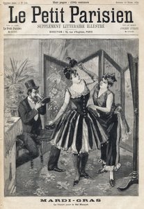 Kvinner forbereder forkledning bak en skjerm og mann prøver masken sin i form av et elefantrør for Maskeballen til Mardi Gras (Mardi-Gras). En av avisen "" Le Petit Parisien"" den 19/02/1893. av Anonymous Anonymous