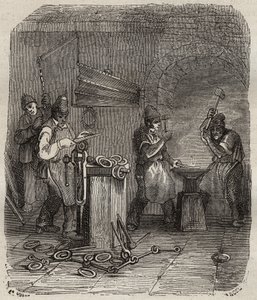 Arbeiderstyrker ved Rochefort Bagne på 1800-tallet. Gravering i «Fangernes historie fra deres skapelse til i dag» (1877) av Pierre Zaccone (1817-1895) (Colonia Penale - Straffekoloni). Privat samling. av Anonymous Anonymous