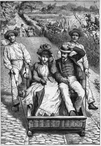 carros de cesto in Madeira 1893 - Les corinhos (carrieros) a Madere (Madeira) - hommes guiding a seat in two places on roulette (un corinho). engraving in “” Journal des voyages””” 1893 av Anonymous Anonymous