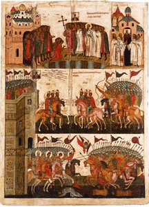 Kamp mellom novgorodianerne og suzdalianerne, midten av det 15. århundre. av Anonymous Russian icon painter