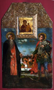 Jomfru Hodegetria av Smolensk med de hellige Abraham av Smolensk og Mercurius av Smolensk, 1722 av Anonymous Russian icon painter