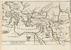 Kart over Taverniers reiser i Europa, Persia, Tyrkia, 1600-tallet. av Anonymous master.