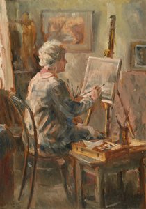 Kunstner på jobb i Cor Vissers studio, Ipswich