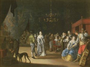 Banketten, et par som danser med fest og nytelse i bakgrunnen av Anthonie Palamedesz