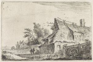 Utsikt over landsbyen med en vannmølle Landskap med bygninger (serietittel) av Anthonie Waterloo
