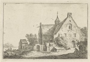 Landsbykirke på vannet Landskap med bygninger (serietittel) av Anthonie Waterloo